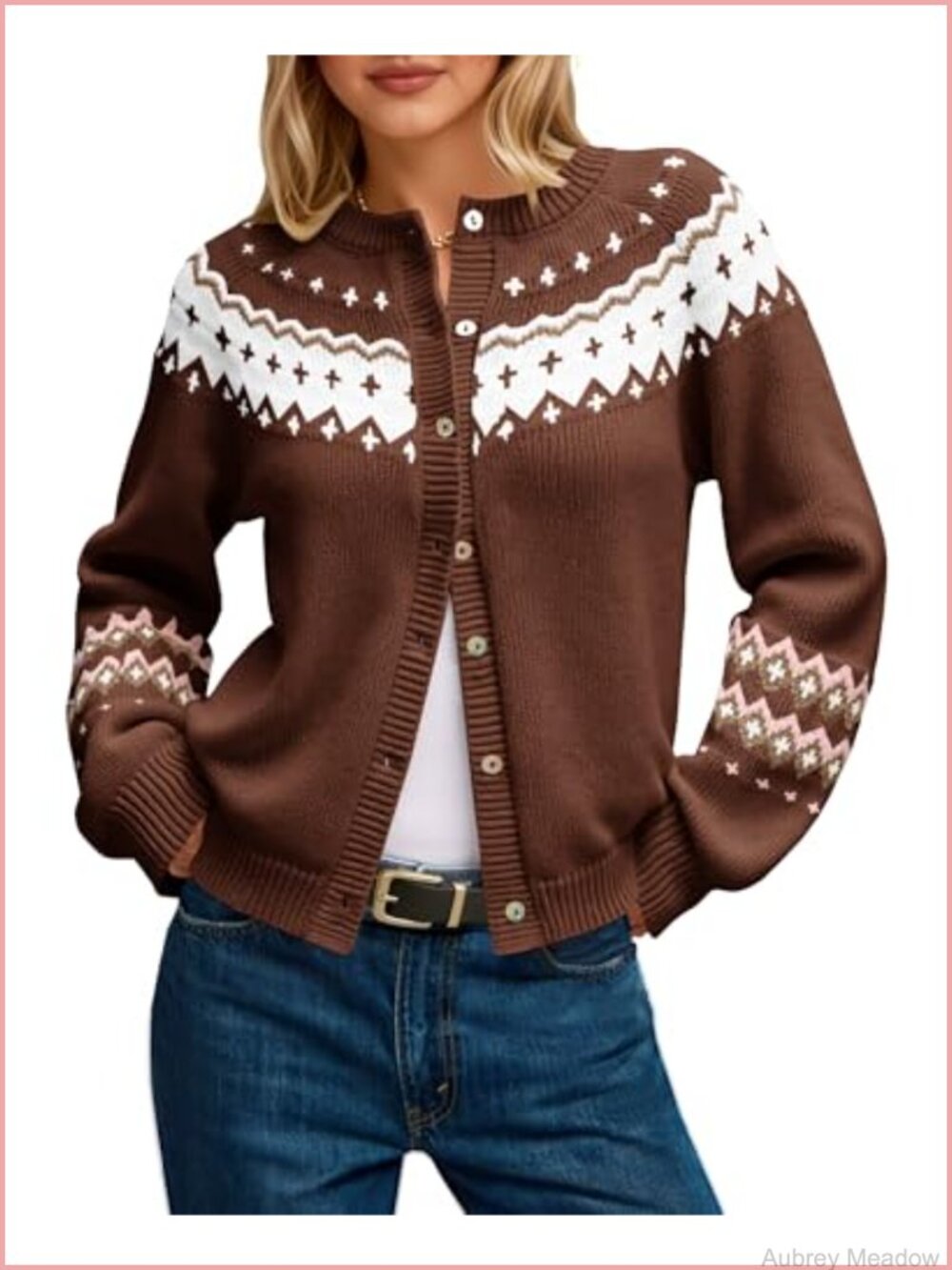 Fair Isle Button Up Cardigan Sweater Long Sleeve Open Front Knit